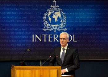 Interpol Secretary-General Jurgen Stock gives a speech during the ceremony marking the 30th anniversary of the International Criminal Police Organization, more commonly known as INTERPOL, at its headquarters in Lyon, on November 27, 2019. (Photo by ROMAIN LAFABREGUE / AFP) (Photo by ROMAIN LAFABREGUE/AFP via Getty Images)