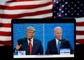 WASHINGTON, D.C., Oct. 22, 2020 -- Photo taken in Arlington, Virginia, the United States on Oct. 22, 2020 shows C-SPAN live stream of U.S. President Donald Trump L and his Democratic challenger Joe Biden attending their final debate in the 2020 presidential race.
 The second and final round of U.S. presidential debate between incumbent Donald Trump and Democratic nominee Joe Biden kicked off Thursday night, offering voters the last chance before Election Day to see the candidates facing each other head-on and making their cases for the presidency. (Photo by Liu Jie/Xinhua via Getty) (Xinhua/Liu Jie via Getty Images)