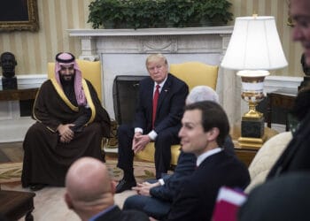 WASHINGTON, DC - MARCH 14: President Donald Trump meets with Saudi Defense Minister and Deputy Crown Prince Mohammed bin Salman bin Abdulaziz Al Saud in the Oval Office of the White House in Washington, DC on Tuesday, March. 14, 2017. White House senior adviser Jared Kushner, right, listens.(Photo by Jabin Botsford/The Washington Post via Getty Images)