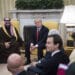 WASHINGTON, DC - MARCH 14: President Donald Trump meets with Saudi Defense Minister and Deputy Crown Prince Mohammed bin Salman bin Abdulaziz Al Saud in the Oval Office of the White House in Washington, DC on Tuesday, March. 14, 2017. White House senior adviser Jared Kushner, right, listens.(Photo by Jabin Botsford/The Washington Post via Getty Images)