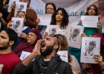 Protest in front of Medicine Syndicate in Cairo, Egypt, on March 30, 2017 in solidarity 22-year-old imprisoned student, Ahmed el-Khatib, who is suffering from an illness brought on by unsanitary prison conditions. He is one of an estimated 60,000 political prisoners in Egypts jails, many of whom are sick but are denied medical treatment. (Photo by Ibrahim Ezzat/NurPhoto via Getty Images)