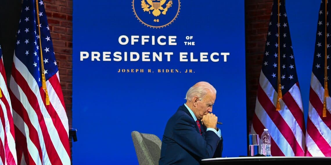 TOPSHOT - US President-elect Joe Biden participates in a virtual meeting with the United States Conference of Mayors at the  Queen in Wilmington, Delaware, on November 23, 2020. - US President-elect Joe Biden on Monday named the deeply experienced Antony Blinken for secretary of state, also nominating the first female head of intelligence and a czar for climate issues, with a promise to a return to expertise after the turbulent years of Donald Trump. (Photo by CHANDAN KHANNA / AFP) (Photo by CHANDAN KHANNA/AFP via Getty Images)