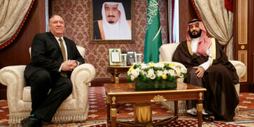 Seated under a portrait of the Saudi monarch, US Secretary of State Mike Pompeo (L) meets with Saudi Arabia's Crown Prince Mohammed bin Salman at Al Salam Palace in the Red Sea port of Jeddah on June 24, 2019. - Pompeo arrived Monday in Saudi Arabia for talks on coordinating with the close ally amid mounting tensions with Iran. (Photo by Jacquelyn Martin / POOL / AFP)        (Photo credit should read JACQUELYN MARTIN/AFP via Getty Images)
