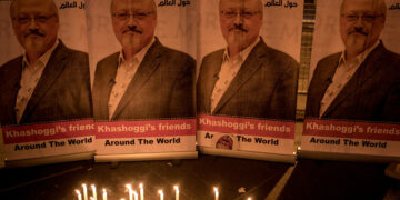 ISTANBUL, TURKEY - OCTOBER 25:  Candles are seen in front of posters of Jamal Khashoggi during a candle light vigil held to remember journalist Jamal Khashoggi outside the Saudi Arabia consulate on October 25, 2018 in Istanbul, Turkey. Jamal Khashoggi, a U.S. resident and critic of the Saudi regime, went missing after entering the Saudi Arabian consulate in Istanbul on October 2. More than two weeks later Riyadh announced he had been killed accidentally during an altercation with Saudi consulate officials, however as investigations continue new information surfaced, pointing to a brutal and planned murder contradicting previous claims.  (Photo by Chris McGrath/Getty Images)