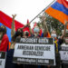 WASHINGTON, DC - APRIL 24: Supporters of Armenian stand off with Turkish supporters outside the Turkish Embassy on April 24, 2021 in Washington, DC. President Joe Biden became the first US president to formally refer to atrocities committed against Armenians as a “genocide” on Saturday, 106 years after the 1915 start of an eight-year-long campaign of ethnic cleansing. (Photo by Tasos Katopodis/Getty Images)