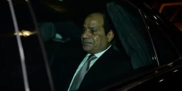 Egypt President Abdel Fattah al-Sisi leaves in a car following his arrival at Indira Gandhi International Airport for the Third India-Africa Forum Summit in New Delhi on October 28, 2015. India is hosting an unprecedented gathering of Africa's leaders as it ramps up the race for resources on the continent, where its rival China already has a major head start. AFP PHOTO / SAJJAD HUSSAIN        (Photo credit should read SAJJAD HUSSAIN/AFP via Getty Images)