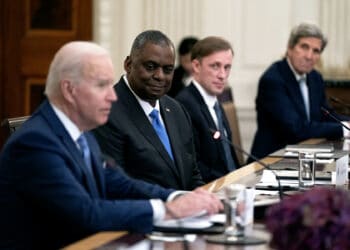 WASHINGTON, DC - MAY 21: Defense Secretary Lloyd Austin listens as U.S. President Joe Biden and President Moon Jae-in of the Republic of Korea participate in an expanded bilateral meeting in the State Dining Room of the White House on May 21, 2021. Moon Jae-in is the second world leader to be welcomed by President Biden during his administration and two leaders will later participate in a joint press conference. (Photo by Stefani Reynolds-Pool/Getty Images)