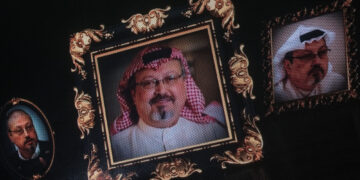 ISTANBUL, TURKEY - NOVEMBER 11: Images of murdered journalist Jamal Khashoggi are seen on a big screen during a  commemorative ceremony held on November 11, 2018 in Istanbul Turkey. The ceremony, which saw friends pay tribute to the journalist and Saudi critic, was held at the wedding salon where the couple planned to hold their wedding.  Khashoggi was killed on October 2, 2018 after entering the Saudi Consulate in Istanbul to finalize papers for his marriage, sparking a weeks long investigation and creating diplomatic tension between, Turkey, the U.S and Saudi Arabia.
 (Photo by Chris McGrath/Getty Images)