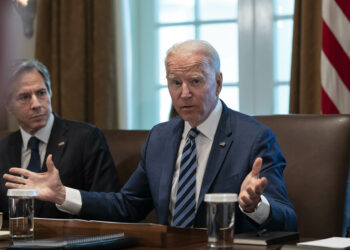 WASHINGTON, DC - JULY 20: (L-R) Secretary of State Antony Blinken looks on as U.S. President Joe Biden speaks at the start of a Cabinet meeting in the Cabinet Room of the White House on July 20, 2021 in Washington, DC. Six months into his presidency, this is Bidens second full Cabinet meeting so far. The White House said the meeting will focus on Covid-19, infrastructure, climate issues and cybersecurity. (Photo by Drew Angerer/Getty Images)
