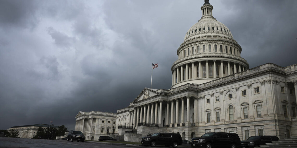 WASHINGTON, DC - SEPTEMBER 22: Storm clouds gather near the U.S. Capitol on Wednesday afternoon September 22, 2021 in Washington, DC. Senate Minority Leader McConnell (R-KY) and other Senate Republicans said that they will not vote to pass a continuing resolution to fund the government that would include an increase to the debt ceiling. (Photo by Anna Moneymaker/Getty Images)
