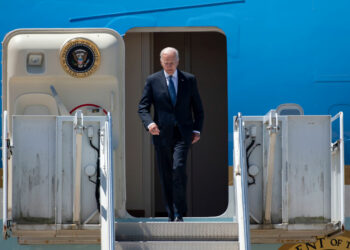 MADRID, SPAIN - JUNE 28: U.S. President Joe Biden descends the stairs of his Air Force One aircraft upon his arrival at Torrejon de Ardoz air base, June 28, 2022, in Torrejon de Ardoz, Madrid, Spain. Biden has arrived in Spain in his Air Force One aircraft, shielded even against a nuclear explosion and capable of refueling from the air. When Biden lands, he will board 'The Beast', his presidential limousine and the safest car in the world, with 20-centimeter thick armor, equipped with firearms and blood transfusion bags. The limousine is accompanied by a caravan of 50 vehicles. The National Police and the Civil Guard will escort the motorcades at all times for the NATO summit, which officially begins tomorrow in Madrid, the 40th anniversary of Spain's accession to the North Atlantic Treaty Organization. Biden's objective at the NATO summit is to reaffirm ''the strong bilateral relationship'' between the two countries. (Photo By EUROPA PRESS/A.Ortega.POOL via Getty Images)
