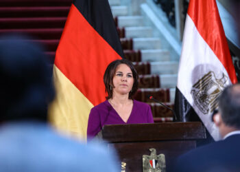 CAIRO, EGYPT - FEBRUARY 12: German Foreign Minister Annalena Baerbock and Egyptian Foreign Minister Sameh Shoukry hold a joint news conference after their meeting in Cairo, Egypt on February 12, 2022. (Photo by Stringer/Anadolu Agency via Getty Images)