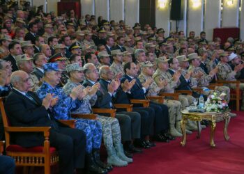 CAIRO, EGYPT - FEBRUARY 9: Egyptian President Abdel Fattah al-Sisi (6th L), Prime Minister of Egypt Sherif Ismail Mohamed (4th L), Egyptian Minister of Defence Sedki Sobhy (7th L) and other military and civilian officials attend a symposium titled "Counter Terrorism" and "National Will" and organized by Egyptian Armed Forces in Cairo, Egypt on February 9, 2017.  (Photo by Egyptian Presidency - Handout/Anadolu Agency/Getty Images)