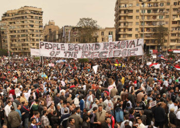 on February 1, 2011 in Cairo, Egypt. The Egyptian army has said it will not fire on protestors as they gather in large numbers in central Cairo.