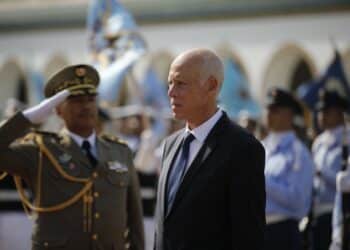TUNIS, TUNISIA - OCTOBER 23: Tunisia's new President Kais Saied is welcomed with a military ceremony at the presidential palace in the eastern suburb of Carthage, Tunis, Tunisia on October 23, 2019 after taking oath at the parliament. Independent candidate Kais Saied was on Monday declared the winner of Tunisias presidential election. (Photo by Nacer Talel/Anadolu Agency via Getty Images)