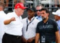 BEDMINSTER, NJ - JULY 31: Former President Donald Trump, Yasir Al-Rumayyan, Governor of the Public Investment Fund (PIF) the Sovereign wealth fund of the Kingdom of Saudi Arabia and Majed-Al-Sorour,-CEO-of-the-Saudi-Golf-Federation at the 1st tee during the 3rd round of the LIV Golf Invitational Series Bedminster on July 31, 2022 at Trump National Golf Club in Bedminster, New Jersey. (Photo by Rich Graessle/Icon Sportswire via Getty Images)