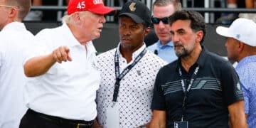 BEDMINSTER, NJ - JULY 31: Former President Donald Trump, Yasir Al-Rumayyan, Governor of the Public Investment Fund (PIF) the Sovereign wealth fund of the Kingdom of Saudi Arabia and Majed-Al-Sorour,-CEO-of-the-Saudi-Golf-Federation at the 1st tee during the 3rd round of the LIV Golf Invitational Series Bedminster on July 31, 2022 at Trump National Golf Club in Bedminster, New Jersey. (Photo by Rich Graessle/Icon Sportswire via Getty Images)