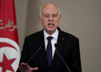 Tunisia's President Kais Saied speaks during the new government swearing-in ceremony at Carthage Palace on the eastern outskirts of the capital Tunis on September 2, 2020, following a confidence vote by parliament. - Tunisia's parliament has approved a new technocratic government tasked with tackling deep social and economic woes in the North African country, ending weeks of uncertainty in the young democracy. Mechichi was confirmed by 134-67 votes in an overnight session to lead Tunisia's second cabinet in six months, made up of judges, academics, civil servants and private-sector executives. (Photo by FETHI BELAID / AFP) (Photo by FETHI BELAID/AFP via Getty Images)
