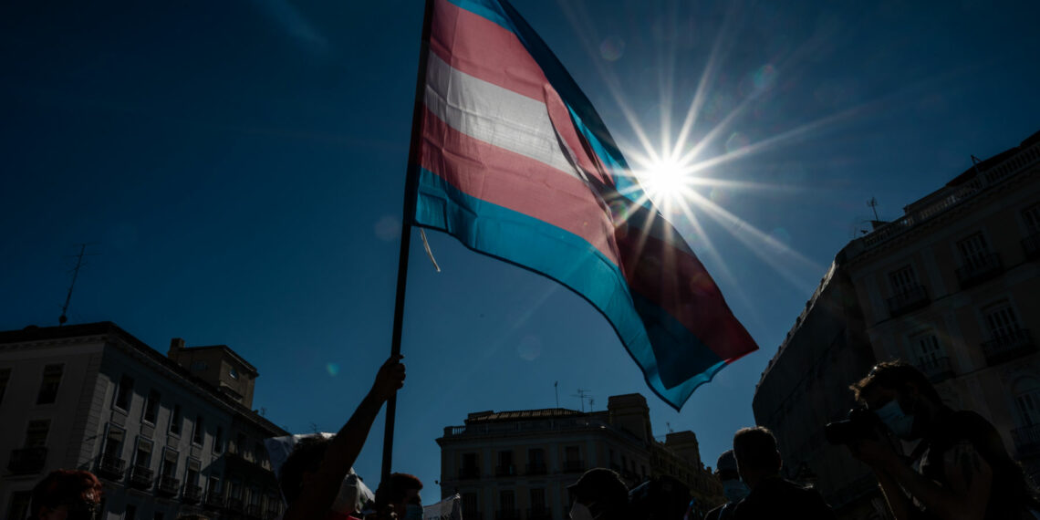 MADRID, SPAIN - 2020/07/04: Demonstrator waving the Trans flag attends a protest where Trans community demand a state law that will guarantee gender self-determination. The protest coincides with the Pride celebrations that are taking place this week. (Photo by Marcos del Mazo/LightRocket via Getty Images)