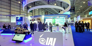 A picture shows the Israel Aerospace Industries stand at the Dubai Airshow in the Gulf emirate, on November 15, 2021. - More than 80,000 visitors are expected at the November 14-18 Dubai Airshow, which will be held with mandatory masks and social distancing, officials said. (Photo by Giuseppe CACACE / AFP) (Photo by GIUSEPPE CACACE/AFP via Getty Images)