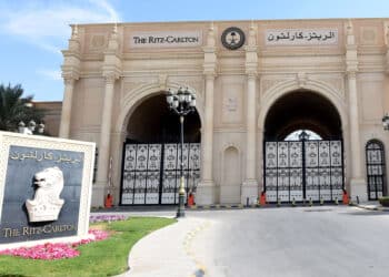 A picture taken on November 5, 2017 in Riyadh shows a general view of the closed main gate of the Ritz Karlton hotel in Riyadh. - A day earlier Saudi Arabia arrested 11 princes, including a prominent billioniare, and dozens of current and former ministers, reports said, in a sweeping crackdown as the kingdom's young crown prince Mohammed bin Salman consoliates power. (Photo by FAYEZ NURELDINE / AFP) (Photo by FAYEZ NURELDINE/AFP via Getty Images)