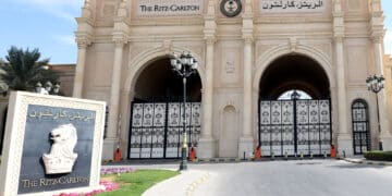 A picture taken on November 5, 2017 in Riyadh shows a general view of the closed main gate of the Ritz Karlton hotel in Riyadh. - A day earlier Saudi Arabia arrested 11 princes, including a prominent billioniare, and dozens of current and former ministers, reports said, in a sweeping crackdown as the kingdom's young crown prince Mohammed bin Salman consoliates power. (Photo by FAYEZ NURELDINE / AFP) (Photo by FAYEZ NURELDINE/AFP via Getty Images)