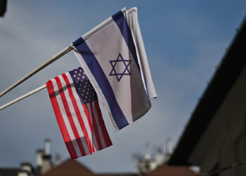 Israeli and U.S. flags seen in Krakow.
On Sunday, August 28, 2022, in Krakow, Lesser Poland Voivodeship, Poland. (Photo by Artur Widak/NurPhoto via Getty Images)