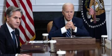 WASHINGTON, DC - NOVEMBER 21: (L-R) Secretary of State Antony Blinken looks on as U.S. President Joe Biden speaks during a meeting about countering the flow of fentanyl into the United States, in the Roosevelt Room of the White House November 21, 2023 in Washington, DC. Last week following meetings with Chinese leader Xi Jinping, Biden announced that he and Xi reached an understanding about reducing the flow of fentanyl from China to the U.S. (Photo by Drew Angerer/Getty Images)