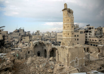 This picture taken on January 5, 2024, shows Gaza City's Omari Mosque, the oldest mosque in Gaza, damaged in Israeli bombardment during the ongoing battles between Israel and the Palestinian Hamas movement. The conflict triggered by Hamas's deadly October 7 attack on Israel has caused massive destruction in the Gaza Strip, killing tens of thousands and leaving residents on the brink of famine. Much of the territory has become unrecognisable, as entire neighbourhoods which were once bustling with people, cars and donkey-drawn carts have been reduced to rubble. (Photo by AFP)