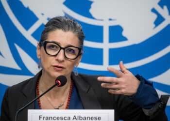 United Nations (UN) Special Rapporteur on the Rights Situation in the Palestinian Territories, Francesca Albanese speaks at a press conference during a session of the UN Human Rights Council, in Geneva, on March 27, 2024. Francesca Albanese who concluded Israel was committing acts of genocide in the Gaza Strip received broad support at the United Nations on March 26, 2024, with countries speaking up to back her and her report. (Photo by Fabrice COFFRINI / AFP)