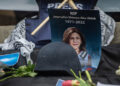 LONDON, ENGLAND - MAY 12: Tributes are paid to murdered Palestinian journalist Shireen Abu Akleh at a protest and vigil at BBC Broadcasting House on May 12, 2022 in London, England. (Photo by Guy Smallman/Getty Images)