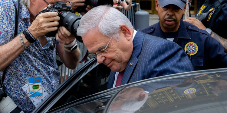 NEW YORK, NEW YORK - JULY 16: U.S. Sen. Bob Menendez (D-NJ) exits Manhattan federal court on July 16, 2024 in New York City. Menendez and his wife Nadine are accused of taking bribes of gold bars, a luxury car, and cash in exchange for using Menendez's position to help the government of Egypt and other corrupt acts according to an indictment from the Southern District of New York. The jury found Menendez guilty on all counts. (Photo by Adam Gray/Getty Images)