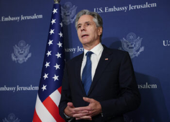 US Secretary of State Antony Blinken speaks to members of the press at David Kempinski Hotel in Tel Aviv on August 19, 2024. Blinken on August 19 urged Israel and Hamas not to derail negotiations that he said may be a "last opportunity" to secure a Gaza truce and hostage release deal. (Photo by Kevin MOHATT / POOL / AFP)