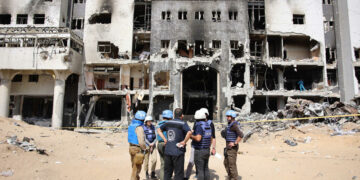 A United Nations (UN) team inspects the grounds of Al-Shifa hospital, Gaza's largest hospital, which was reduced to ashes by a two-week Israeli raid, on April 8, 2024, amid the ongoing conflict between Israel and the Palestinian Hamas militant group. (Photo by AFP)