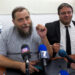 Israeli leader of the extreme right-wing movement Lehava, Organization for Prevention of Assimilation in the Holy Land, Benzi Gopstein (L) talks to journalists next to his lawyer Itamar Ben Gvir on August 11, 2015 in Jerusalem after Israel police questioned him as he condoned torching churches amid an uproar over recent hate crimes, including the deadly firebombing of a Palestinian home. Benzi Gopstein has not been linked to any recent attacks, but his comments regarding churches came at a time of heightened sensitivity over Jewish extremism and drew outrage from Roman Catholic officials. AFP PHOTO / MENAHEM KAHANA (Photo by MENAHEM KAHANA / AFP) (Photo by MENAHEM KAHANA/AFP via Getty Images)