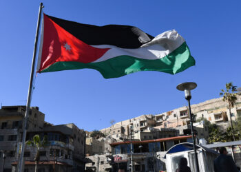 Jordanian national flag seen in the Old Town of Amman.
On Saturday, February 2, 2019, in Amman, Jordan. (Photo by Artur Widak/NurPhoto via Getty Images)