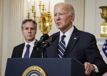 WASHINGTON, DC - OCTOBER 7: President Joe Biden speaks on the terrorist attacks in Israel alongside Secretary of State Antony Blinken from the State Dining Room at the White House on October 7, 2023 in Washington, DC. The White House has said that senior national security officials have briefed the President on the attacks on Israel that were carried out by Hamas overnight and White House officials remain in close contact with their counterparts in Israel. (Photo by Samuel Corum/Getty Images)