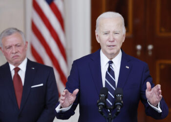 WASHINGTON, DC - FEBRUARY 12: U.S. President Joe Biden delivers remarks alongside King of Jordan Abdullah II ibn Al Hussein after a meeting at the White House on February 12, 2024 in Washington, DC. The King of Jordan is visiting the Nation's capital as part of his yearly visit amidst ongoing hostage negotiations between Hamas and Israel and after a strike killed three U.S. soldiers at a military base in northeast Jordan. (Photo by Anna Moneymaker/Getty Images) (Photo by Anna Moneymaker/Getty Images)