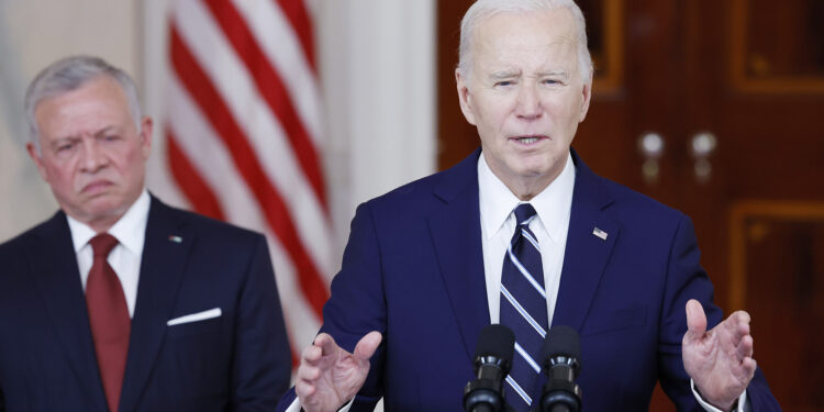 WASHINGTON, DC - FEBRUARY 12: U.S. President Joe Biden delivers remarks alongside King of Jordan Abdullah II ibn Al Hussein after a meeting at the White House on February 12, 2024 in Washington, DC. The King of Jordan is visiting the Nation's capital as part of his yearly visit amidst ongoing hostage negotiations between Hamas and Israel and after a strike killed three U.S. soldiers at a military base in northeast Jordan. (Photo by Anna Moneymaker/Getty Images) (Photo by Anna Moneymaker/Getty Images)