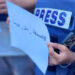 KHAN YUNIS, GAZA - AUGUST 10: Journalists stage a protest against the killing of their colleagues Tamim Muammar and Abdullah Al-Susi in an Israeli army attack on Khan Younis, Gaza on August 10, 2024. (Photo by Hani Alshaer/Anadolu via Getty Images)