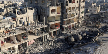 A general view shows destroyed building and the rubble of the al-Faruq mosque on February 22, 2024, following an overnight Israeli air strike in Rafah refugee camp in the southern Gaza Strip, amid continuing battles between Israel and the Palestinian militant group Hamas. (Photo by SAID KHATIB / AFP)