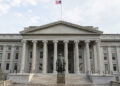 WASHINGTON, DC - AUGUST 26: The Treasury Building on August 26, 2024, in Washington, DC.  (Photo by Kevin Carter/Getty Images)