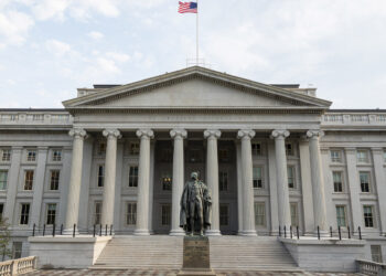 WASHINGTON, DC - AUGUST 26: The Treasury Building on August 26, 2024, in Washington, DC.  (Photo by Kevin Carter/Getty Images)