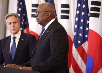 WASHINGTON, DC - OCTOBER 31: U.S. Secretary of State Antony Blinken (L) and U.S. Secretary of Defense Lloyd Austin (R) participate in a joint news conference with South Korean Minister of Defense Kim Yong-hyun and South Korean Minister of Foreign Affairs Cho Tae-yul at the State Department October 31, 2024 in Washington, DC. Blinken and Austin are meeting with their South Korean counterparts for a 2+2 diplomatic and defense meeting.  (Photo by Alex Wong/Getty Images)