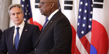 WASHINGTON, DC - OCTOBER 31: U.S. Secretary of State Antony Blinken (L) and U.S. Secretary of Defense Lloyd Austin (R) participate in a joint news conference with South Korean Minister of Defense Kim Yong-hyun and South Korean Minister of Foreign Affairs Cho Tae-yul at the State Department October 31, 2024 in Washington, DC. Blinken and Austin are meeting with their South Korean counterparts for a 2+2 diplomatic and defense meeting.  (Photo by Alex Wong/Getty Images)