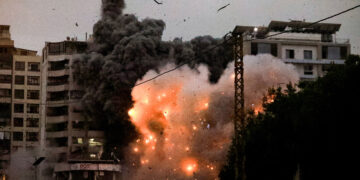 TOPSHOT - A fireball erupts from the site of an Israeli airstrike that targeted the area of Tayouneh in Beirut's southern suburbs on November 25, 2024, amid the ongoing war between Israel and Hezbollah. Israel conducted strikes against Hezbollah's Beirut stronghold on November 25 and battles raged in Lebanon's south after the Iran-backed militant group claimed 50 attacks on Israeli targets the day before. (Photo by AFP) (Photo by -/AFP via Getty Images)