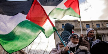 WASHINGTON, DC - JANUARY 13: Pro-Palestine demonstrators gather at Freedom Plaza for a rally on January 13, 2024 in Washington, DC. Officials are predicting at least 10,000 people will attend to protest the retaliatory actions taken by the Israeli government following the October 7th terrorist attacks by Hamas. (Photo by Samuel Corum/Getty Images)