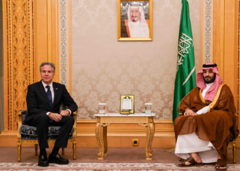 Saudi Arabia's Crown Prince Mohammed bin Salman receives US Secretary of State Antony Blinken in Riyadh on October 23, 2024. (Photo by Nathan Howard / POOL / AFP)