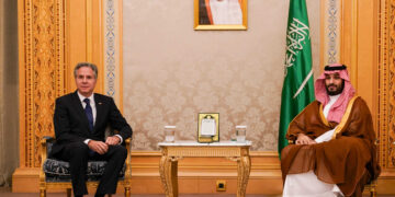 Saudi Arabia's Crown Prince Mohammed bin Salman receives US Secretary of State Antony Blinken in Riyadh on October 23, 2024. (Photo by Nathan Howard / POOL / AFP)