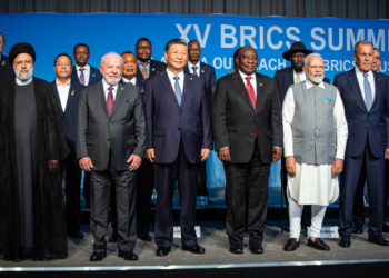 JOHANNESBURG, SOUTH AFRICA - AUGUST 24: South African President Cyril Ramaphosa with fellow Brics leaders pose for a family photo with new Bric members at the last day of the Brics summit fellow leaders president, Xi Jinping, China's president, Cyril Ramaphosa, South Africa's president, Narendra Modi, India's prime minister, and Sergei Lavrov, Russia's foreign minister, Iranian president is Ebrahim Raisi, on the closing day of the BRICS summit at the Sandton Convention Center in the Sandton district of Johannesburg on August 24, 2023, South Africa. The Brics summit, held in South Africa between 22-24 August 2023. Brics is made up of Brazil, Russia, India, China and South Africa. New Members are Argentina, Egypt, Ethiopia, Iran, the U.A.E. and Saudi Arabia. Some of the things are discussed during the summit is if to expand Brics and accept new members like Saudi Arabia and Iran, and a Brics currency. Vladimir Putin wanted to attend the meetings but South African president Cyril Ramaphosa managed to talk him out of it, as he risked being arrested while in in South Africa, as the ICC, International Criminal Court has issued a warrant of arrest for Mr. Putin's on suspicion of unlawful deportation of children and unlawful transfer of people from the territory of Ukraine to the Russian Federation  (Photo by Per-Anders Pettersson/Getty Images)